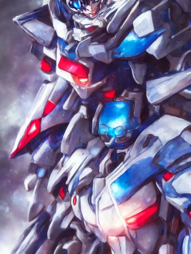 Prompt: A realistic anime portrait of a man in a Gundam suit with glowing blue, digital painting, by Stanley Artgerm Lau, Sakimichan, WLOP and Rossdraws, digtial painting, trending on ArtStation, SFW version