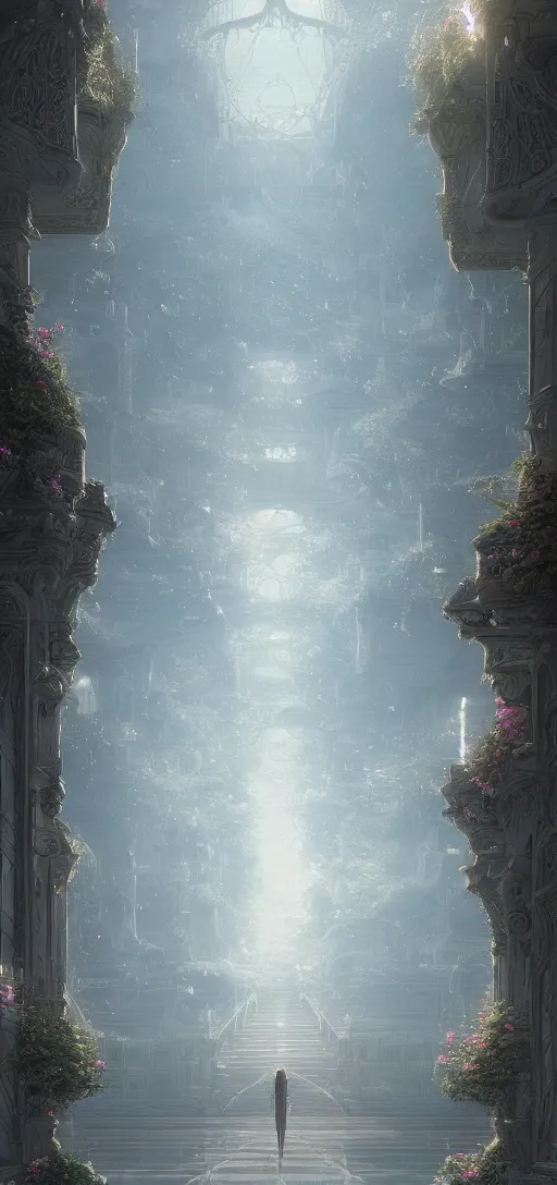 Image similar to vanishing point palace is like the kremlin covered with aqua blue roses on a lake, viewed from afar, stephen bliss, misty, unreal engine, fantasy art by greg rutkowski, loish, ferdinand knab, and lois van rossdraws,, global illumination, radiant light, minimalist, detailed and intricate environment