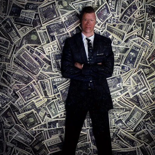 Image similar to stunning beautiful photography of Mike Blazer like a boss under the rain of 100 us dollar bills, from a Times magazine award winning, dramatic lighting, taken with Sony alpha 9, sigma art lens