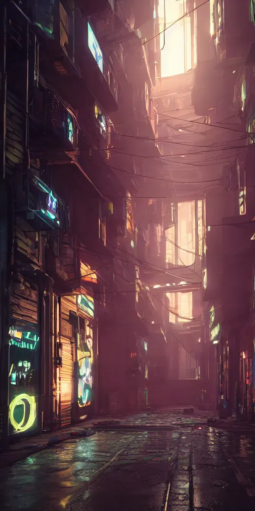 Prompt: cyberpunk alley by alvar aalto, 8 k, raytracing, unreal engine 5,