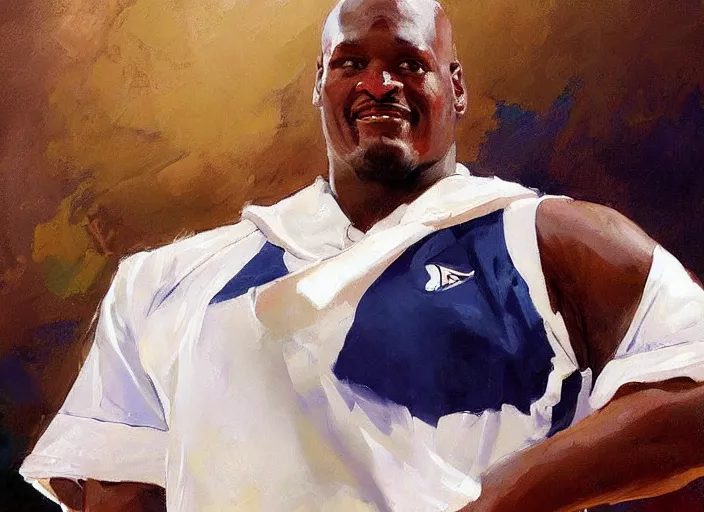 Image similar to a highly detailed beautiful portrait of shaq wearing a maid costume, by gregory manchess, james gurney, james jean