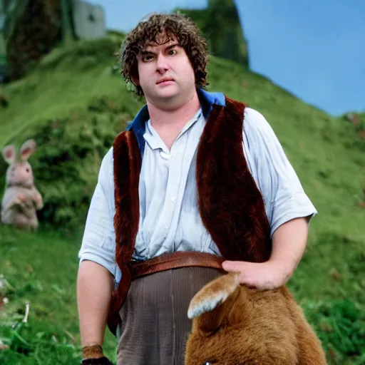 Image similar to frowning clean shaven pudgy British lad with short curly dark brown hair as a hobbit wearing a white men's crossbody sling chest bag and blue vest standing next to a giant rabbit, blue vest! white crossbody chestbag! high resolution film still, movie by Peter Jackson