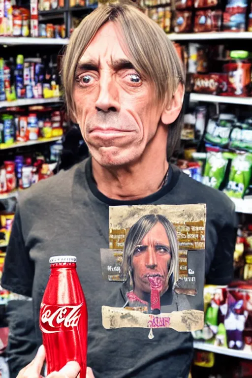 Prompt: a hand holding a glass bottle of cola with iggy pop's face on the label, sitting on a store shelf