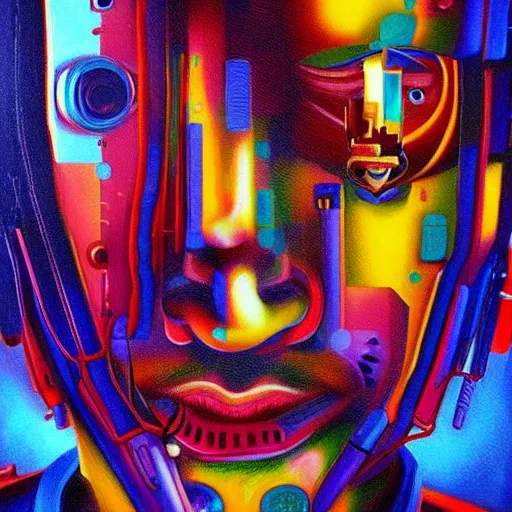 Prompt: a painting of a man with a weird face, cyberpunk art by ron english, featured on cgsociety, pop surrealism, grotesque, bryce 3 d, anaglyph effect