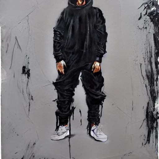 Prompt: a full body lookbook portrait of modern - day jesus wearing virgil abloh streetwear collection by nicola samori, hat and hoodie, detailed, oil painting, hyper - realistic, 8 k, yeezy collection