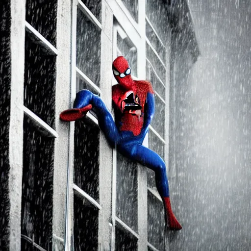 Image similar to Spiderman standing under rain with ,mellow , dramatic, sad ambience,. Wallpaper