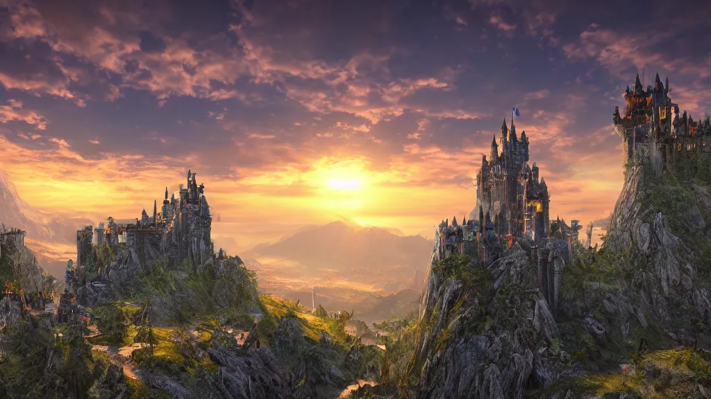 Image similar to fantasy castle sunset, view from above, eagles view, fantasy artwork, very very very beautiful scenery, hd, hdr, ue5, ue6, unreal engine 5, cinematic 4k wallpaper, 8k, ultra detailed, high resolution, artstation, award winning