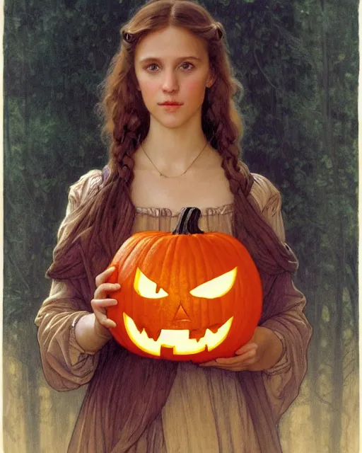Image similar to an art nouveau candlelit portrait painting of a thoughtful girl resembling a young, shy, redheaded alicia vikander or millie bobby brown wearing peasant dress carrying a jack - o - lantern in a fall forest at night, highly detailed, intricate, concept art, artstation, by donato giancola, alphonse mucha, and william bouguereau