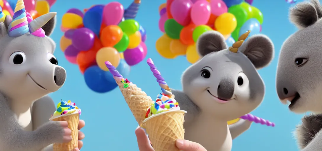Prompt: a medium shot of a unicorn and koala enjoying ice cream cones at a birthday, highly detailed, Pixar movie, anamorphic lens