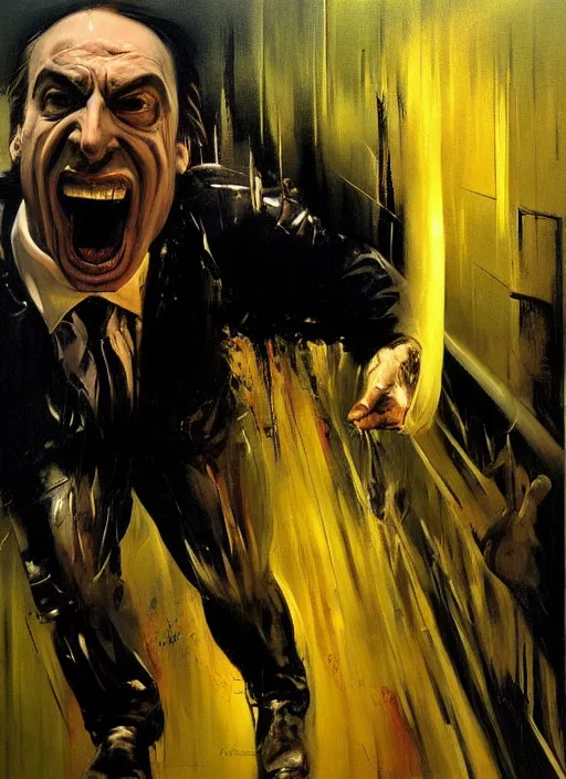 Image similar to saul goodman, screaming, painting by phil hale, giger,'action lines '!!!, graphic style, visible brushstrokes, motion blur, blurry