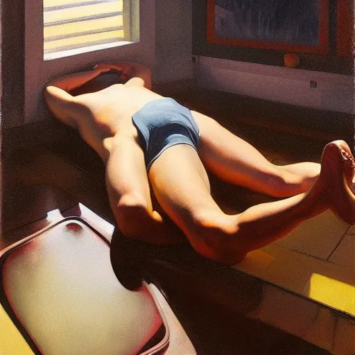 Prompt: a man melting into a puddle of liquid, pj crook, syd mead, livia prima, greg rutkowski, edward hopper