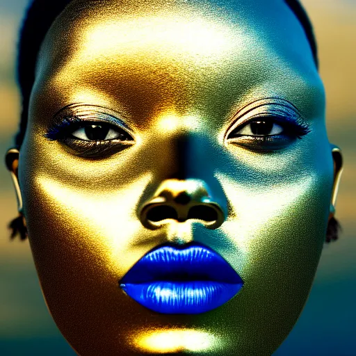Prompt: portrait of metallic face, african woman, mercury, reflections, smooth texture, liquid metal, proud looking, outdoor, nature, blue sky, 8 k, realistic, depth of field, highly detailed, art photography