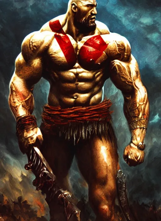 Image similar to a highly detailed beautiful 3 5 mm closeup photo of dwayne johnson kratos hybrid god of war holding a sword and fighting zombies on a pile of human skulls, spartan warrior, olympian god, muscular!, frank frazetta, boris vallejo, action pose, ambient lighting, volumetric lighting, octane, fantasy
