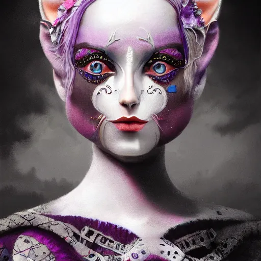 Image similar to picture generation, soft painting curiosities carnival, beautiful cat head hybrid in full long dress, accurate features, focus, very intricate ultrafine details, black white purple volumetric clouds, award winning masterpiece, octane render 8 k hd, tom bagshaw artstyle