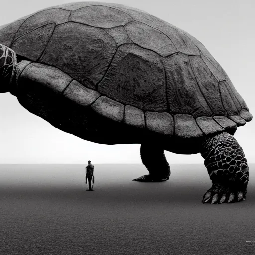 Prompt: a small man standing in front of a giant turtle, fantasy art, 4k, HDR, photorealistic, 8k by zdzisław beksiński