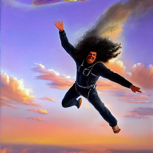 Image similar to egyptian man with long curly hair skydiving, dreamy clouds, pastel tones, by jose miguel roman frances