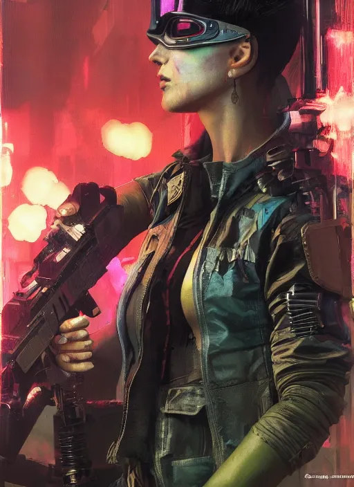 Prompt: Ela. Cyberpunk mercenary in tactical gear infiltrating corporate mainframe. rb6s, (Cyberpunk 2077), blade runner 2049, (matrix) Concept art by James Gurney, Craig Mullins and Alphonso Mucha. painting with Vivid color.