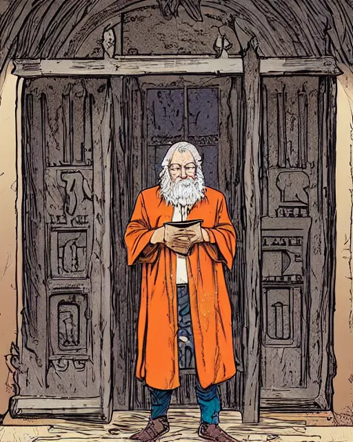 Image similar to a portrait of an old wizard holding a book standing in front of an ancient elaborate wooden door by arthur adams and moebius and chip zdarsky