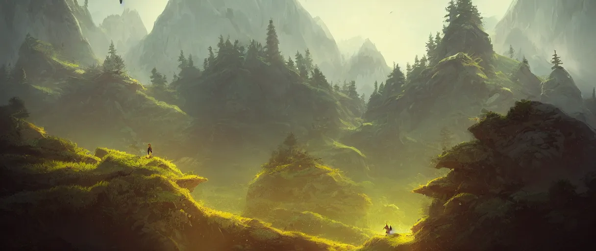 Image similar to floating islands over forest, mountains in background, concept art, low angle, cinematic, style of jordan grimmer