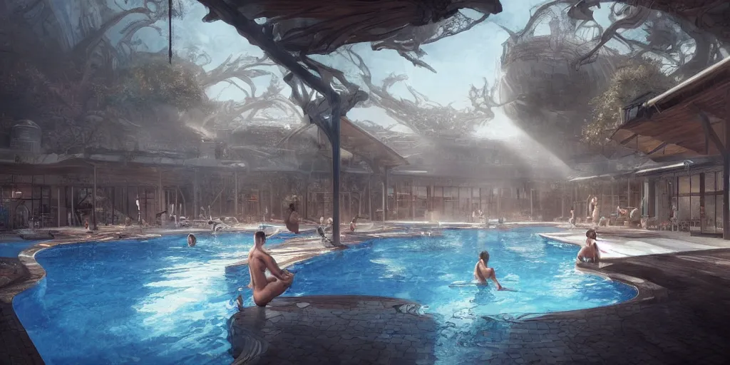 Image similar to swimming pool of a thermal fitness center, with hot spring, cinematic lighting, exaggerated detailed, unreal engine, art by greg rutkowski & peter mohrbacher