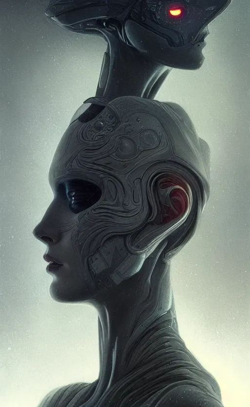 Image similar to portrait of a grey alien, deep focus, blade runner 2 0 4 9, fantasy, intricate, elegant, highly detailed, digital painting, artstation, concept art, matte, sharp focus, illustration, art by artgerm and greg rutkowski and alphonse mucha