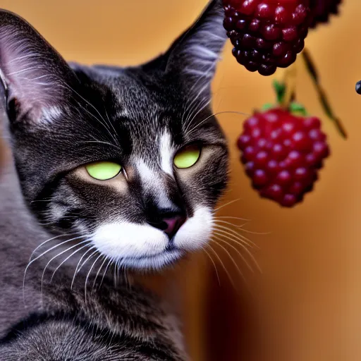 Image similar to cctv footage of a cat eating berries. close up. caught on camera