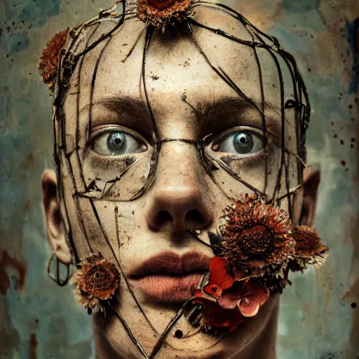 Image similar to a painting of a very ordinary person, by Anselm Kiefer, mixed media, rusted metal, flowers, anatomically correct, beautiful perfect face, sharp focus, Highly Detailed, Cinematic Lighting, octane render, volumetric lighting, post-production, 8k, HD