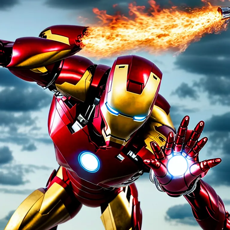 Image similar to iron man with fire behind him, movie still, action flying shot, chrome, shiny, reflective, metallic, 3 d render, realistic, hdr, stan winston studios, dramatic lighting, flame colors bright,