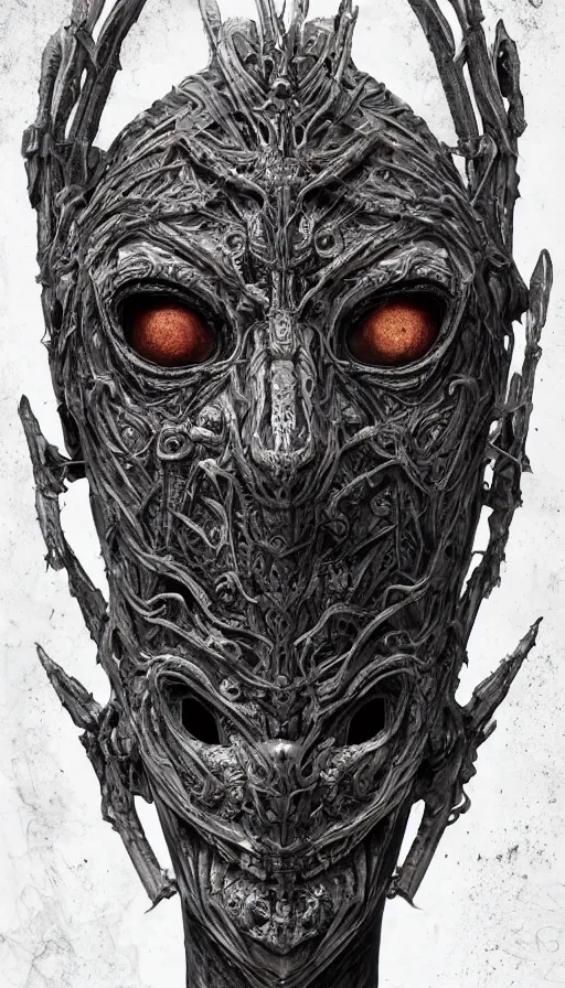 Image similar to ancient biomechanoid hybrid slavic multifaced god armored head fantasy beautiful human witch face mask tattoo pattern concept, glagolitic glyph, intricate artwork by, Johnatan Wayshak, Zdizslaw Beksinski, Artgerm, H.R. Giger, very coherent artwork, cinematic, hyper realism, high detail, octane render, unreal engine, 8k, High contrast, higly detailed black ink outline, crosshatch sketch gradient