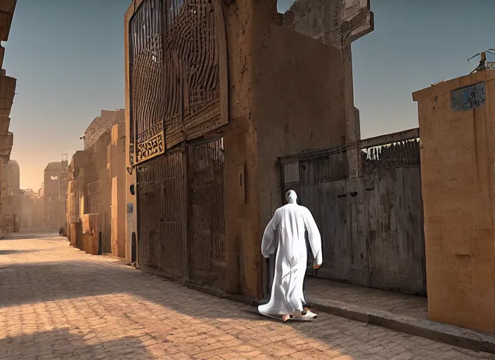 Image similar to old jeddah city alley, roshan, old shops, horse, magical glowing gate to another dimension, a man wearing a white robe standing watching over, dramatic lighting, dawn, by caspar david friedrich, unreal engine 5
