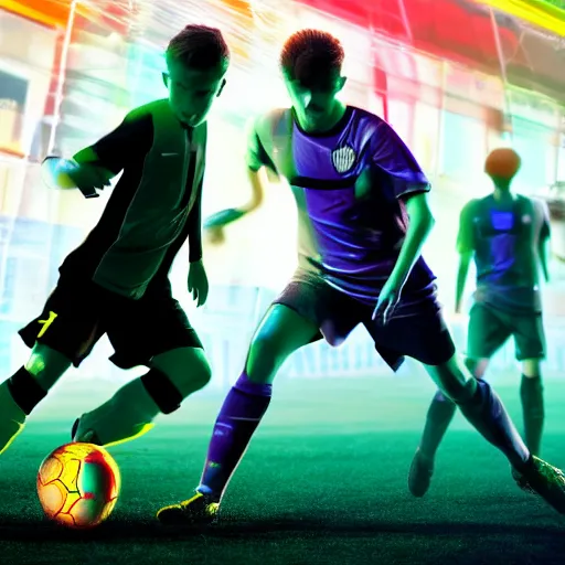 Image similar to soccer, futuristic, high def, realistic people, neon colours, high saturation,