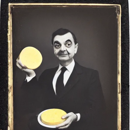 Image similar to ambrotype of mr bean eating a large wheel of cheese,