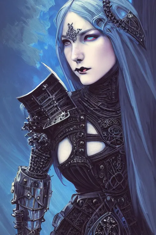 Prompt: beautiful gothic and victorian and evil and dieselpunk medieval female blue armor knight portrait, like lisa blackpink+smoky eyes+light flowing hair, ruin gothic cathedral, ultradetail face, art and illustration by tian zi and craig mullins and WLOP and alphonse mucha, fantasy, intricate complexity, human structure, fantasy world concept, watermark, blurry, hyperrealism 8k