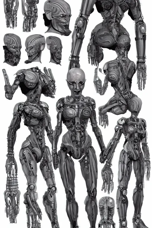 Prompt: cyborg norse goddess with gunmetal grey skin, medical anatomy, very symmetrical face, highly detailed, japanese mecha, three - perspective / three - view reference sheet ( front / back / side ), in the style of dan ouellette, dren from splice, hr giger, sil from species, artstation, unreal engine