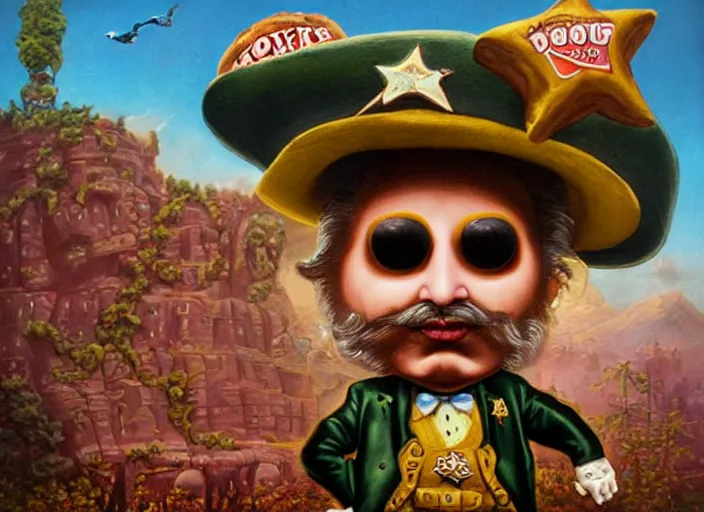 Image similar to the sheriff in the shape of a donut, lowbrow, matte painting, 3 - d highly detailed, in the style of mark ryden,