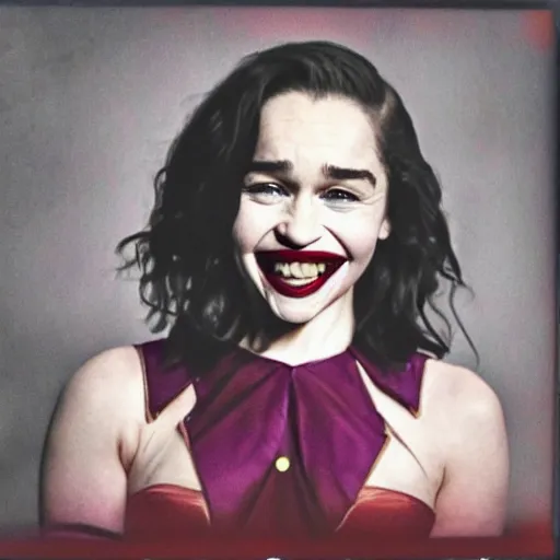 Prompt: Emilia Clarke, as the joker!, polaroid photograph, 4k