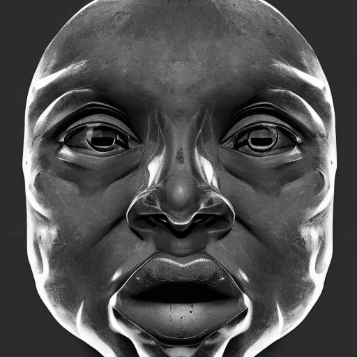 Prompt: a face carved of black marble blending into a black background. expressive eyes. symmetry. epic. ominous shapes. lighting from the bottom. trending on artstation