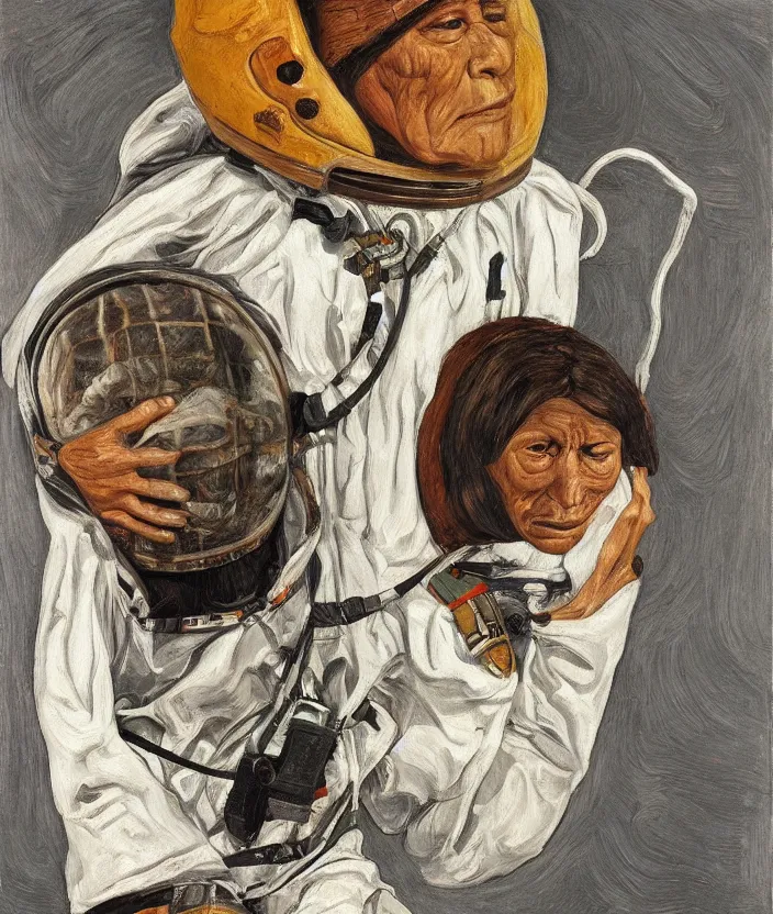 Prompt: indigenous woman with astronaut helmet, painted by lucian freud, hd, super detailed, realistic, muted colors