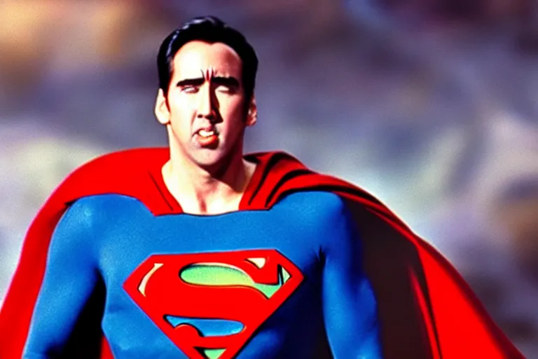 Image similar to nicholas cage as superman in the 1 9 9 0's, superhero film