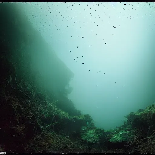 Image similar to Award-winning photograph by Mar Mann. The photo depicts a decaying roman bust of Jim Carrey overgrown with moss at the bottom of the sea in the middle of ruins of civilization. Minimalism, high definition, perfect composition. Deep sea picture. Very dark. Volumetric Lighting. Fish. Darkness. Ruins