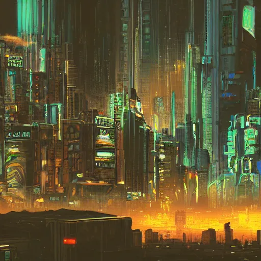 Prompt: sci - fi cyberpunk dystopian cityscape