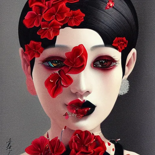 Prompt: detailed concept art painting art deco pattern black diamonds + red flowers and diamonds by hsiao - ron cheng, no humans, bizarre compositions, exquisite detail