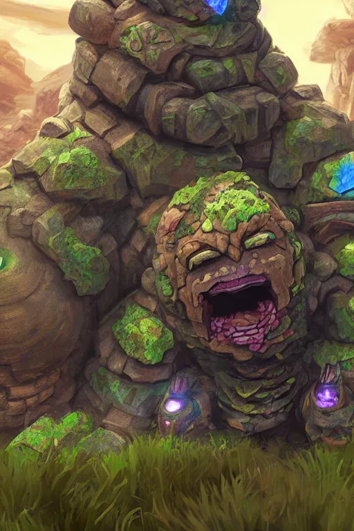 Image similar to zelda fantasy art giant golem troll wood rock greeble gemstone, global illumination ray tracing hdr fanart arstation by sung choi and eric pfeiffer and gabriel garza and casper konefal