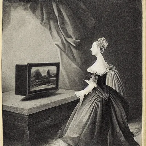 Prompt: 1 7 0 0 s photo of a person watching a flat screen hd tv