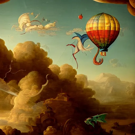 Image similar to baroque painting of a hot air balloon being attacked by a medieval flying dragon, extremely detailed, render, 4K