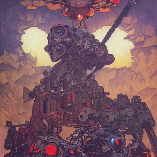 Prompt: beautifully colored detailed scifi painting of occultist scientists summoning a mobile suit, occult giant robot power armor eched with power runes by m. c. escher, beeple, greg rutkowski and alphonse mucha