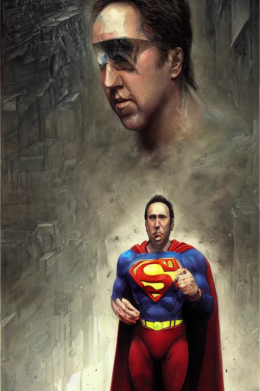 Image similar to Portrait of Nicolas Cage as superman, DC, dark fantasy, intricate, smooth, artstation, painted by Wayne Barlowe, Greg Rutkowski, Zdislav Beksinski