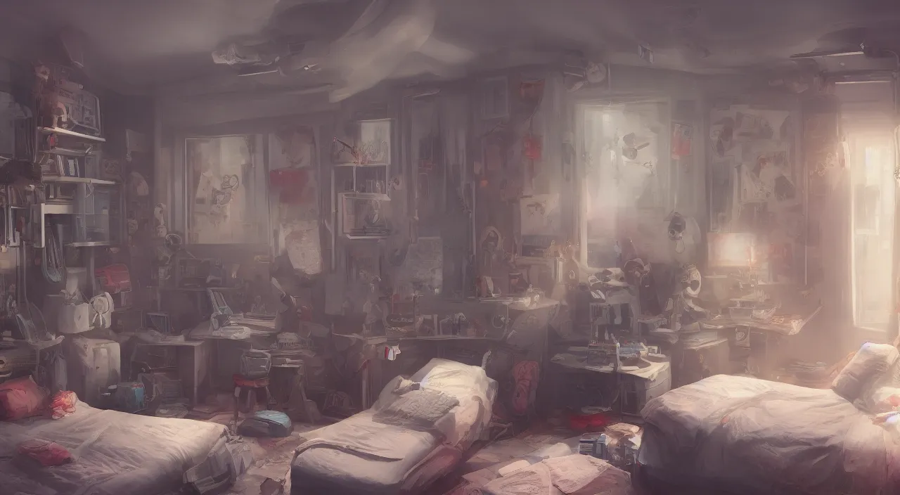 Prompt: The bedroom of a huge nerd, hyperdetailed, artstation, cgsociety, 8k