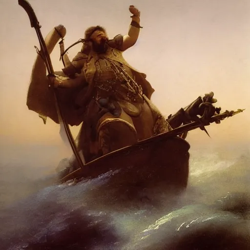 Image similar to art by ivan aivazovsky and syd mead and moebius and gaston bussiere and roger dean and pieter claesz and paul delaroche and alma tadema and aelbert cuyp and willem claesz, live action, a fantasy cinematic close up shot of a dwarf berserker firghting, warhammer, dnd, last stand