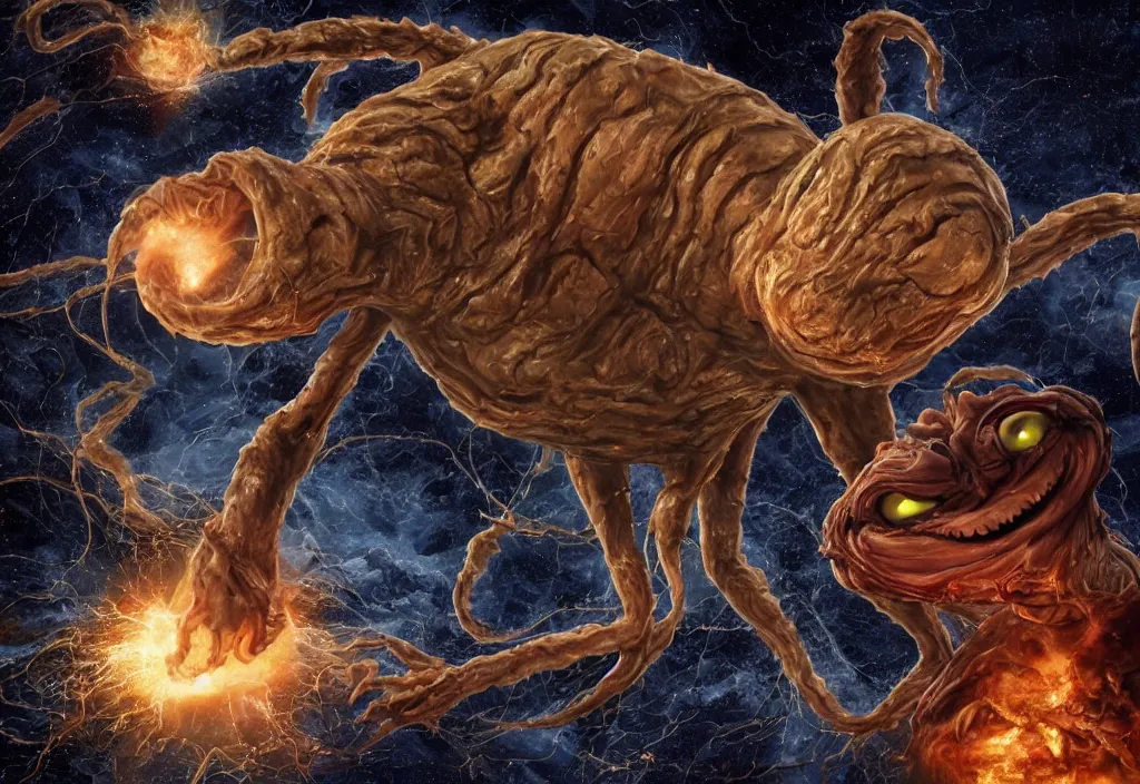 Image similar to eldritch horror bloody garfield in space, hd, 8 k, giant, epic, realistic photo, unreal engine, prophecy, powerful, cinematic lighting, destroyed planet, debris, violent, sinister, ray tracing, dynamic, epic composition, dark, horrific, teeth, grotesque, monochrome drawing, hellscape, corpses, foreboding, lightning, garfield cartoon eyes